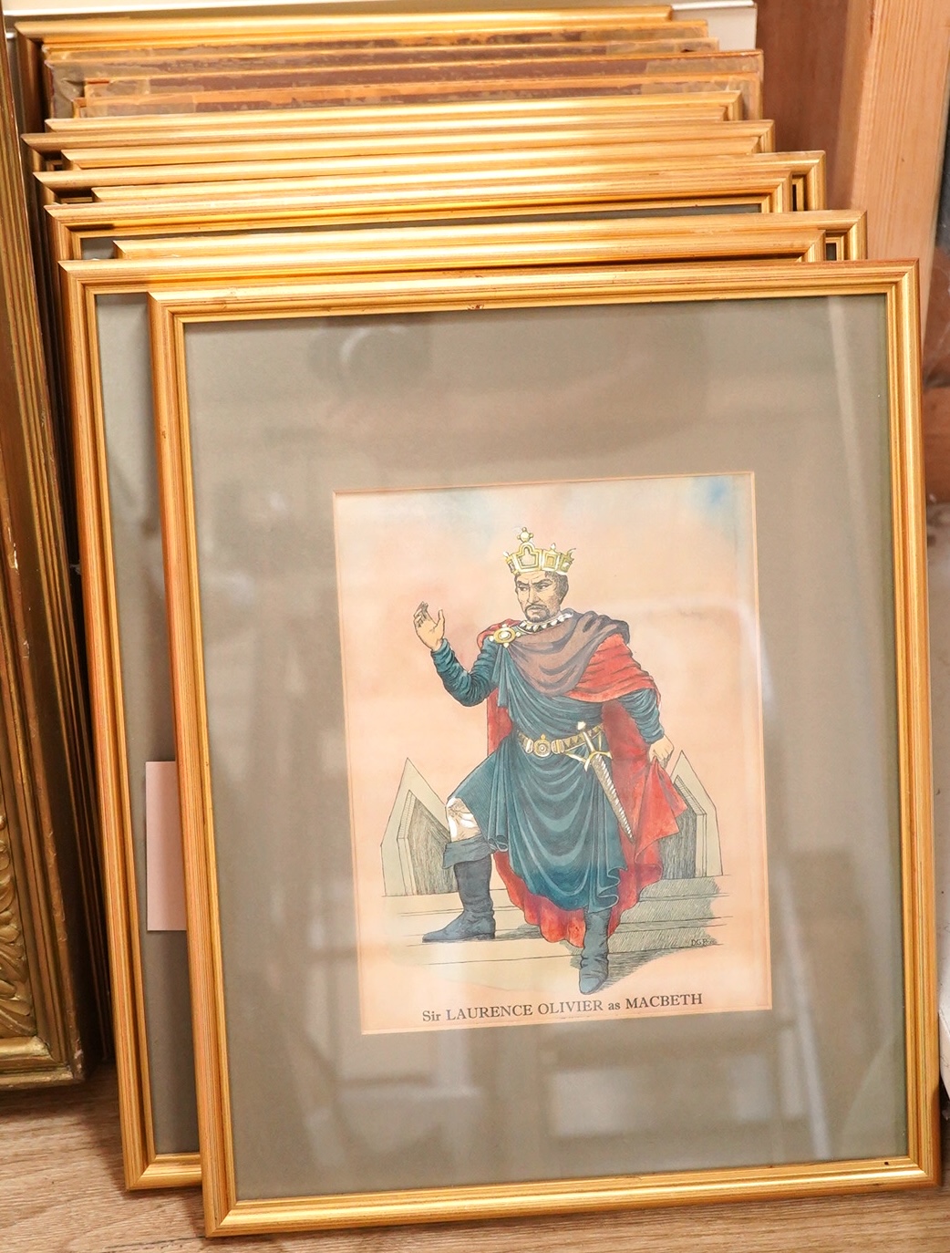 A set of fourteen colour prints depicting actors to include: Mr. Harry Andrews as King in Hamlet, Mr. Richard Johnson as Romeo and Mr. Paul Robeson as Othello, 21 x 16cm
